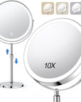 Lighted Makeup Mirror, Rechargeable Height Adjustable Double Sided, 1x/10x Magnifying with 3 Color, Brightness Adjustable, 360° Rotation Vanity, Gift for Women