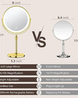 10X Large Rechargeable Height Adjustable Vanity Mirror, 1x/10x Magnifying Mirror with 3 Color, Brightness Adjustable, 360 Rotation Double Sided, Ideal Gift (Gold)