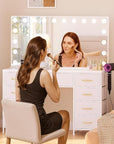 COMHOMA Vanity Desk with Large Mirror,15 LED Bulbs and Power Outlet,Makeup Table with 9 Storage Drawers and HD Mirrors,3 Color Modes Adjustable Lighting for Bedroom Dressing Room (White, 47inch)