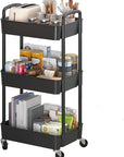 Sywhitta 3-Tier Plastic Rolling Utility Cart with Handle, Multi-Functional Storage Trolley for Office, Living Room, Kitchen, Movable Storage Organizer with Wheels, Black