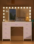 COMHOMA Vanity Desk with Large Mirror,15 LED Bulbs and Power Outlet,Makeup Table with 9 Storage Drawers and HD Mirrors,3 Color Modes Adjustable Lighting for Bedroom Dressing Room (Pink, 47inch)