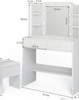 Haewon Makeup Vanity Desk with Mirror, 10 LED Lights and Charging Station, White Vanity with Adjustable Lighting, Dressing Table Set with Storage Chair Drawers Shelves for Bedroom
