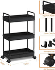 Ronlap 3 Tier Slim Rolling Storage Cart with Wheels Plastic Utility Cart Organizer for Snack Craft Art Postpartum Baby Diaper Nail Makeup in Bathroom Laundry Room Kitchen Bedside Narrow Space, Black