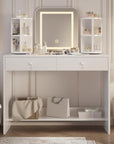 White Vanity Desk with LED Mirror & 360° Rotating Shelves - 3-Color Adjustable Lights, 2 Storage Drawers, Makeup Dressing Table for Bedroom, Women
