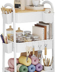 3 Tier Rolling Cart Metal with Wheels and Bamboo Table Top, Art Cart Organizer on Wheels, White Three Tiered Storage Utility Carts for Craft, Baby, Diaper Caddy,Coffee,Kitchen,Cleaning,Office Supplies