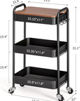 TOOLF 3-Tier Rolling Cart with Table Top, Metal Storage Cart on Wheels, Utility Organizer with Wooden Tray, Lockable Casters, Easy Assembly for Bathroom, Living Room, Office, Kitchen, Black