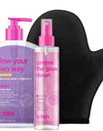 b.tan Clear Self Tanning Gel & Face Spray Kit | Glow Your Own Way Next Level + Gradual Facial Tan Mist Bundle - Dark, 1 Hour Express, Transfer-Resistant Fake Tanner, with Body Mitt Applicator