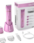 OLOV Electric Body Hair Trimmer - Groin Trimmer for Men - Bikini Trimmer Women - Wet/Dry Shaver Groomer, Replaceable Ceramic Blade Heads, USB Recharge Dock, Waterproof Hygiene Razor, Pink