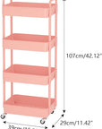 Sywhitta 4-Tier Plastic Rolling Utility Cart with Handle, Multi-Functional Storage Trolley for Office, Living Room, Kitchen, Movable Storage Organizer with Wheels, Pink