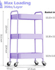 TOOLF 3-Tier Metal Rolling Cart with Wheels, Storage Utility Organizer Cart for Kitchen, Bathroom, Office, Baby Essentials & Makeup - Lockable Casters, Easy Assembly, Large Capacity, Purple