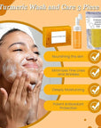 Turmeric Wash and Care 3 Piece Set, Turmeric Trio: Kojic Soap Bar/Facial Pads/Face Cleansing Wash with Brush, Jabon de Curcuma, Tumeric Soap Facial Cleaner Skincare Three Set for Face & Body (A)
