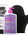 b.tan Clear Self Tanning Gel & Exfoliating Kit | Next Level + Erase Tan Repeat Bundle - 1 Hour Express, Transfer-Resistant Ultra Dark Fake Tanner, 2-in-1 Exfoliator Scrub & Body Wash with Mitt