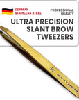 Professional Tweezers - Slant, Durable Lightweight German Stainless Steel, Ultra Precision Tweezers for Eyebrows, Facial Hair, Chin, and Ingrown Hair Removal - Gift (Matte Gold)
