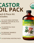 Castor Oil Pack - 8 Piece Complete Kit. Includes 16oz Glass Bottle of Organic Castor Oil, Easy to use Organic Cotton Compress with Adjustable Fit, 5 Soft Cotton Pads & Soothing Heat Pack..