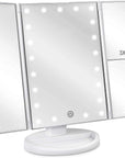 deweisn Floor Mount Tri-Fold Lighted Vanity Mirror with 21 LED Lights, Touch Screen and 3X/2X/1X Magnification, Two Power Supply Modes Make Up Mirror,Travel Mirror