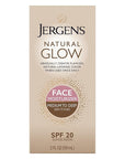 Jergens Natural Glow Self Tanner Face Moisturizer, SPF 20 Facial Sunscreen, Medium to Deep Skin Tone, Sunless Tanning, Oil Free, Broad Spectrum Protection UVA and UVB, 2 oz (Packaging May Vary)