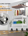 Rolling Cart with Wooden Tabletop, 3 Tier Metal Utility Cart, Rolling Storage Organizer Cart with Lockable Wheels for Kitchen, Office, Bedroom (White)