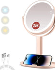 MIYADIVA Makeup Mirror with Lights,20X Magnifying Mirror with Light and Touch Switch,Vanity Mirror with 3 Color Light and 80 LEDs,2-Sided Lighted Magnified Mirrors 8.8 Inches, Pink