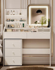 White Makeup Vanity Desk with LED Mirror & Movable Storage Cabinet, 3-Tier Open Shelves, 5 Drawers, Adjustable 3-Color Lighting for Bedroom