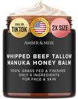 Whipped Beef Tallow and Honey Balm, 100% Grass Fed Beef Tallow Balm, Grass Finished Organic Beef Tallow for Skin, Face Wrinkles, Acne, No Fragrances, Made In USA Products Only, TikTok Trend Items