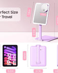 Benbilry Foldable Travel Makeup Mirror with Lights and 20X Magnification, Rechargeable Tabletop LED Vanity Mirror with Adjustable Stand, 3-Colored Dimmable Lighting, Portable Cosmetic Mirror, Purple