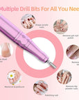 Electric Nail Files, 45000 RPM Professional Nail Drill for Acrylic Nails Gel, Adjustable Speed E File for Nails, Cordless Rechargeable Nail Drill Kit for Manicure Salon Home(Pink,Gift Box)