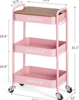 TOOLF 3-Tier Rolling Cart with Table Top, Metal Storage Cart on Wheels, Utility Organizer with Wooden Tray, Lockable Casters, Easy Assembly for Bathroom, Living Room, Office, Bedside, Pink
