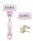 Amazon Basics Women's 4 Blade Razor for Women, Fits AmazonBasics & Venus Handles, Moisturizing Surround, 4 Count, Includes 1 Handle, 2 Cartridges & 1 Shower Hanger, Pink (Pack of 2)