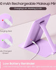 Benbilry Foldable Travel Makeup Mirror with Lights and 20X Magnification, Rechargeable Tabletop LED Vanity Mirror with Adjustable Stand, 3-Colored Dimmable Lighting, Portable Cosmetic Mirror, Purple