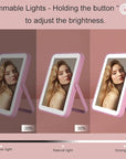 Pink Rechargeable Vanity Mirror with Lights, 10"×7" LED Makeup Mirror with Lights, Smart Touch Control Dimmable 3 Modes Light, Lighted Up Mirror for Makeup Desk, Bedroom, Dressing Room