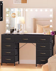 COMHOMA Vanity Desk with Large Mirror,15 LED Bulbs and Power Outlet,Makeup Table with 9 Storage Drawers and HD Mirrors,3 Color Modes Adjustable Lighting for Bedroom Dressing Room (Black, 47inch)