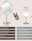 10x Large Lighted Makeup Mirror, Rechargeable 8" Height Adjustable Vanity Mirror, 1x/10x Magnifying Mirror with 3 Color, Brightness Adjustable, 360° Rotation Double Sided Mirror, Gift for Her(Nickel)