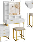 GarveeHome Makeup Vanity Desk with Mirror and Lights, Vanity Table with 5 Drawers, Vanity Set with Stool and Removable Side Storage Cabinet for Bedroom, White & Gold
