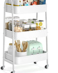 EAGMAK 3 Tier Utility Rolling Cart, Metal Storage Cart with Handle and Lockable Wheels, Multifunctional Storage Organizer Trolley with Mesh Baskets for Kitchen, Living Room, Office, Garage (White)