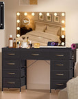 COMHOMA Vanity Desk with Large Mirror,15 LED Bulbs and Power Outlet,Makeup Table with 9 Storage Drawers and HD Mirrors,3 Color Modes Adjustable Lighting for Bedroom Dressing Room (Black, 35inch)