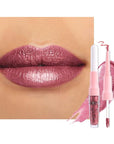 evpct Mauve Pink Metallic Glitter Lip Liner and Lipstick Combo Lip Gloss Stain Set Makeup for Women Long Lasting Waterproof 24, Dusty Rose Metallic Shimmer Frosted Iridescent Glossy Liquid Lipstick 16