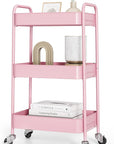 TOOLF 3-Tier Metal Rolling Cart with Wheels, Storage Utility Organizer Cart for Kitchen, Bathroom, Office, Baby Essentials & Makeup - Lockable Casters, Easy Assembly, Large Capacity, Pink