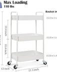 TOOLF 3-Tier Metal Rolling Cart with Wheels, Storage Utility Organizer Cart for Kitchen, Bathroom, Office, Baby Essentials & Makeup - Lockable Casters, Easy Assembly, Large Capacity, White