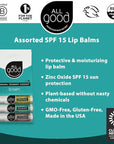 All Good Organic SPF15 Lip Balm - Hydrating Lip Care with Olive Oil, Beeswax, Calendula, Lavender, Vitamin E - Lip Moisturizer with Zinc Oxide Protection - Original, Spearmint & Coconut (9-pack)