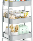EAGMAK 3 Tier Utility Rolling Cart, Metal Storage Cart with Handle and Lockable Wheels, Multifunctional Storage Organizer Trolley with Mesh Baskets for Kitchen, Living Room, Office, Garage (Grey)