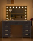 COMHOMA Vanity Desk with Large Mirror,15 LED Bulbs and Power Outlet,Makeup Table with 9 Storage Drawers and HD Mirrors,3 Color Modes Adjustable Lighting for Bedroom Dressing Room (Black, 35inch)