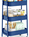 EAGMAK 3 Tier Utility Rolling Cart, Metal Storage Cart with Handle and Lockable Wheels, Multifunctional Storage Organizer Trolley with Mesh Baskets for Kitchen, Living Room, Office, Garage (Indigo)