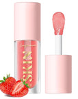 Big Brush Head Lip Glow Oil Plumping Tint, Tinted Lip Balm Transparent Lip Care, Moisturizing Non-sticky Fresh Shiny Texture Lip Oil - Strawberry (Pink)