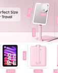 Benbilry Foldable Travel Makeup Mirror with Lights and 20X Magnification, Rechargeable Tabletop LED Vanity Mirror with Adjustable Stand, 3-Colored Dimmable Lighting, Portable Cosmetic Mirror, Pink