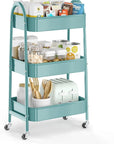 EAGMAK 3 Tier Utility Rolling Cart, Metal Storage Cart with Handle and Lockable Wheels, Multifunctional Storage Organizer Trolley with Mesh Baskets for Kitchen, Living Room, Office, Garage (Green)