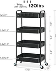 TOOLF 4-Tier Metal Rolling Cart with Wheels, Storage Utility Organizer Cart for Kitchen, Bathroom, Office, Baby Essentials & Makeup - Lockable Casters, Easy Assembly, Large Capacity, Black