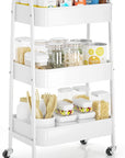 EAGMAK 3 Tier Rolling Cart Under Desk, Large Metal Storage Cart with Handle and Lockable Wheels, Big Multifunctional Storage Organizer Trolley for Kitchen, Living Room, Office, Garage (White)