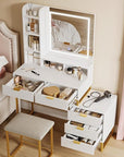 GarveeHome Makeup Vanity Desk with Mirror and Lights, Vanity Table with 5 Drawers, Vanity Set with Stool and Removable Side Storage Cabinet for Bedroom, White & Gold