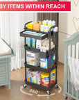 Goovilla 4 Tier Rolling Utility Cart Organizer with Removable Drawer, Stable and Sturdy Black Rolling Storage Carts with 2 Lockable Wheels for Bathroom, Kitchen, Snack, Craft, Makeup, Baby Essentials
