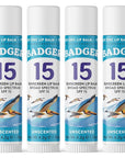 Badger Mineral Sunscreen Lip Balm SPF 15, Reef Safe, Zinc Oxide, Unscented, Travel Size, SPF Lip Balm Sunscreen Stick, .15 oz 4-Pack